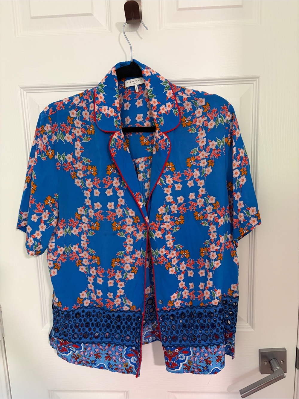 Sandro Blue Floral Short-Sleeve Button-Down Shirt